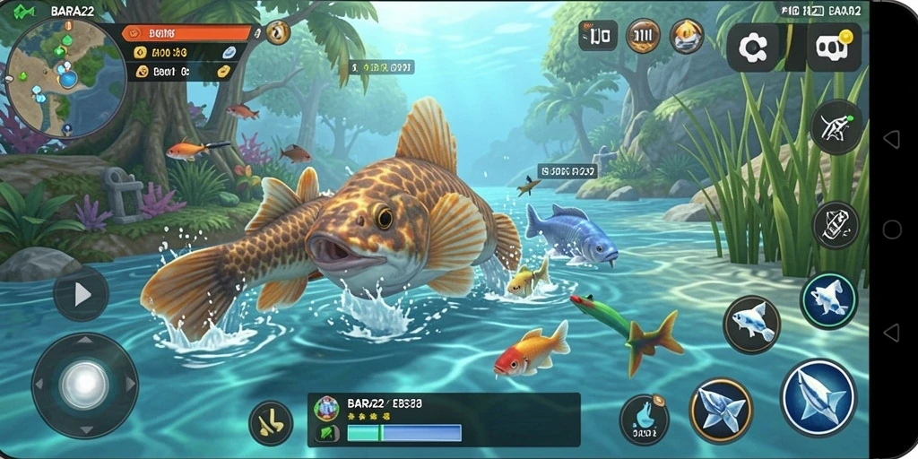 Tampilan gameplay BARA22 dengan aksi memancing yang seru.