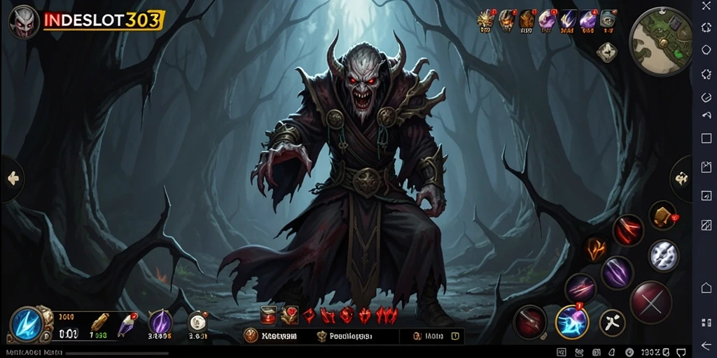 Screenshot menampilkan suasana kegelapan yang mencekam dalam INDESLOT303.