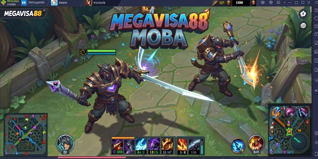 Screenshot gameplay MOBA yang menampilkan pertarungan seru dan strategis.