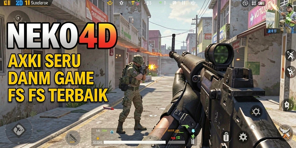 Screenshot utama NEKO4D menampilkan aksi seru dalam pertempuran FPS.