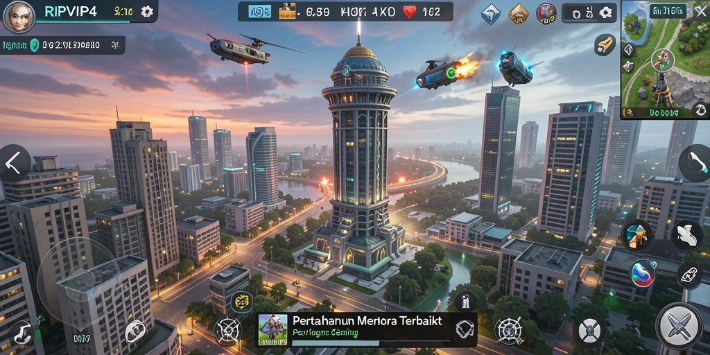 Tampilan screenshot dari gameplay RPVIP4 yang menegangkan dengan menara pertahanan.