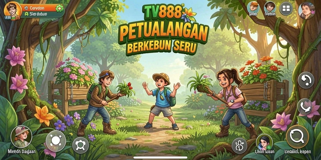 Screenshot utama gameplay TV888 menunjukkan keindahan kebun yang kaya akan tanaman.